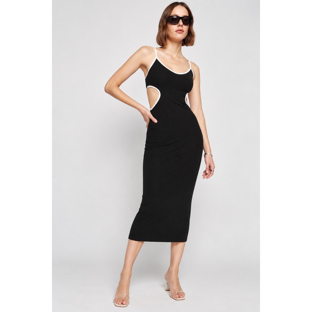Reformation Lilou XL Black Ribbed Knit Cut Out Midi Dress White Trim Sleeveless